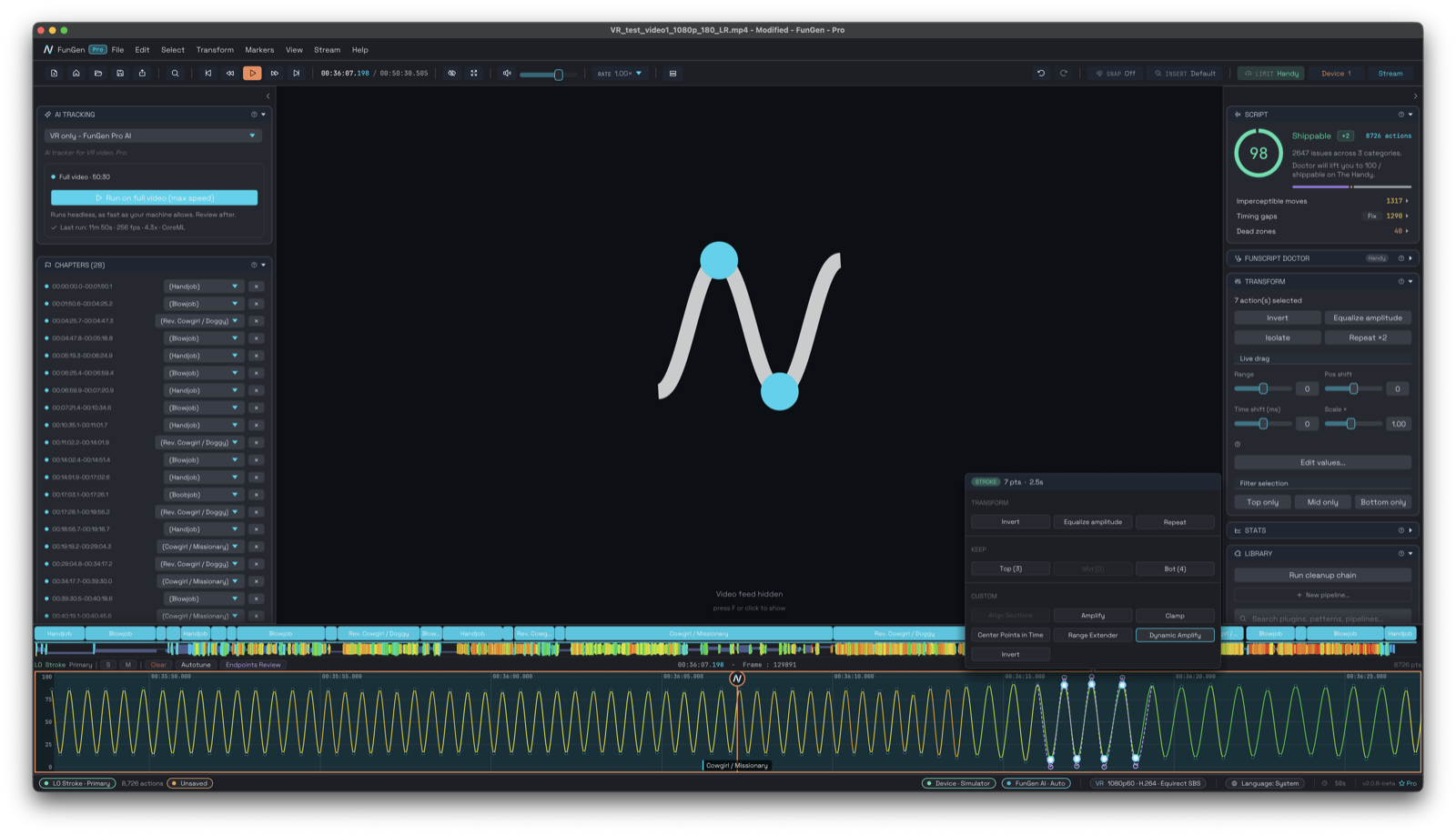 The FunGen editor showing the video player, a multi-axis funscript timeline and side panels