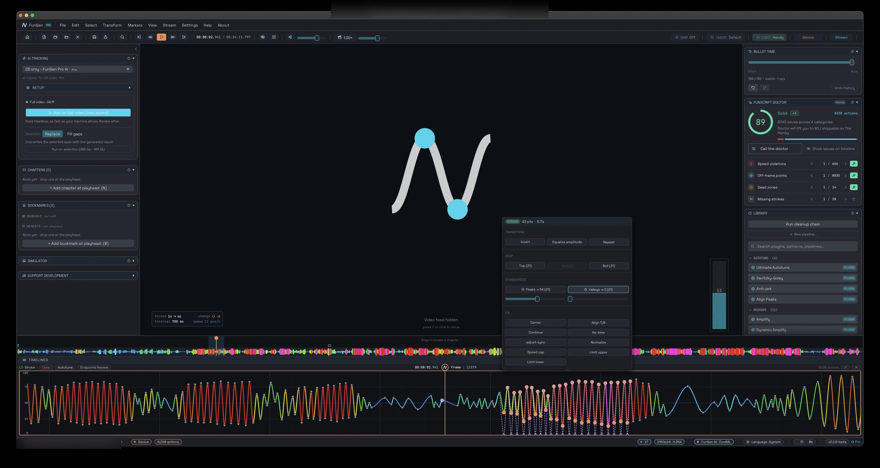 The FunGen window with the AI tracking panel set to the 2D model and a Run on full video button