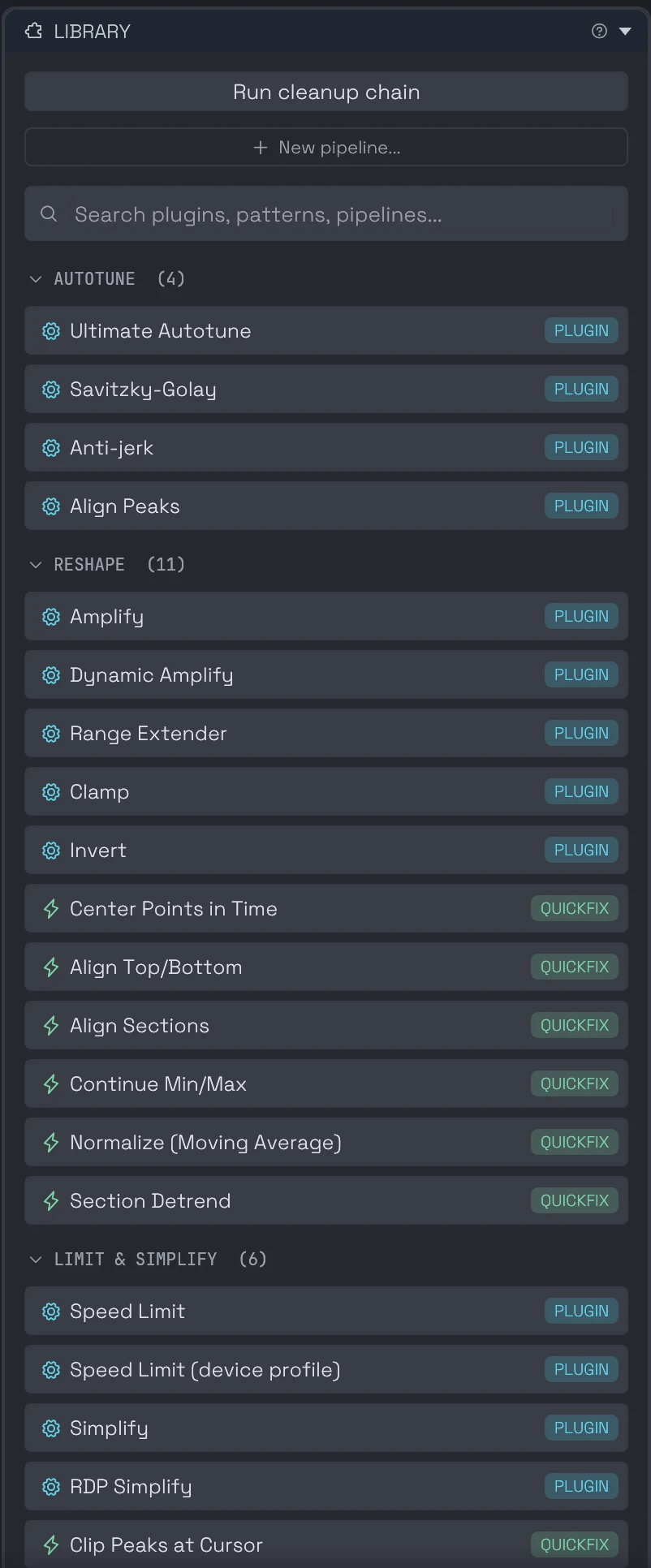 A biblioteca de plugins agrupada nas categorias Autotune, Reshape e Limite